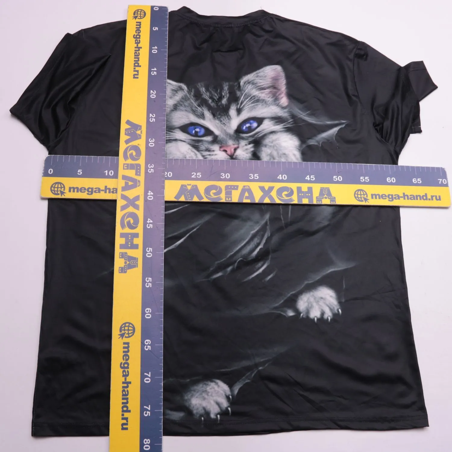 Чёрная футболка с крупным принтом котёнка, размер 60 (3XL)